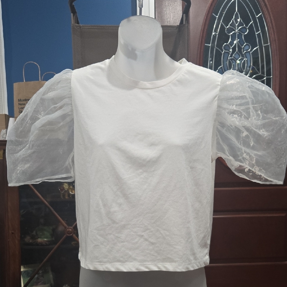 ZARA Elegant White Ballon Organza Sleeves Top, S